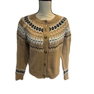 ⭐️ Women’s The Loft Fair Isle Tan Cardigan Sweater Size Large Preppy Cabincore